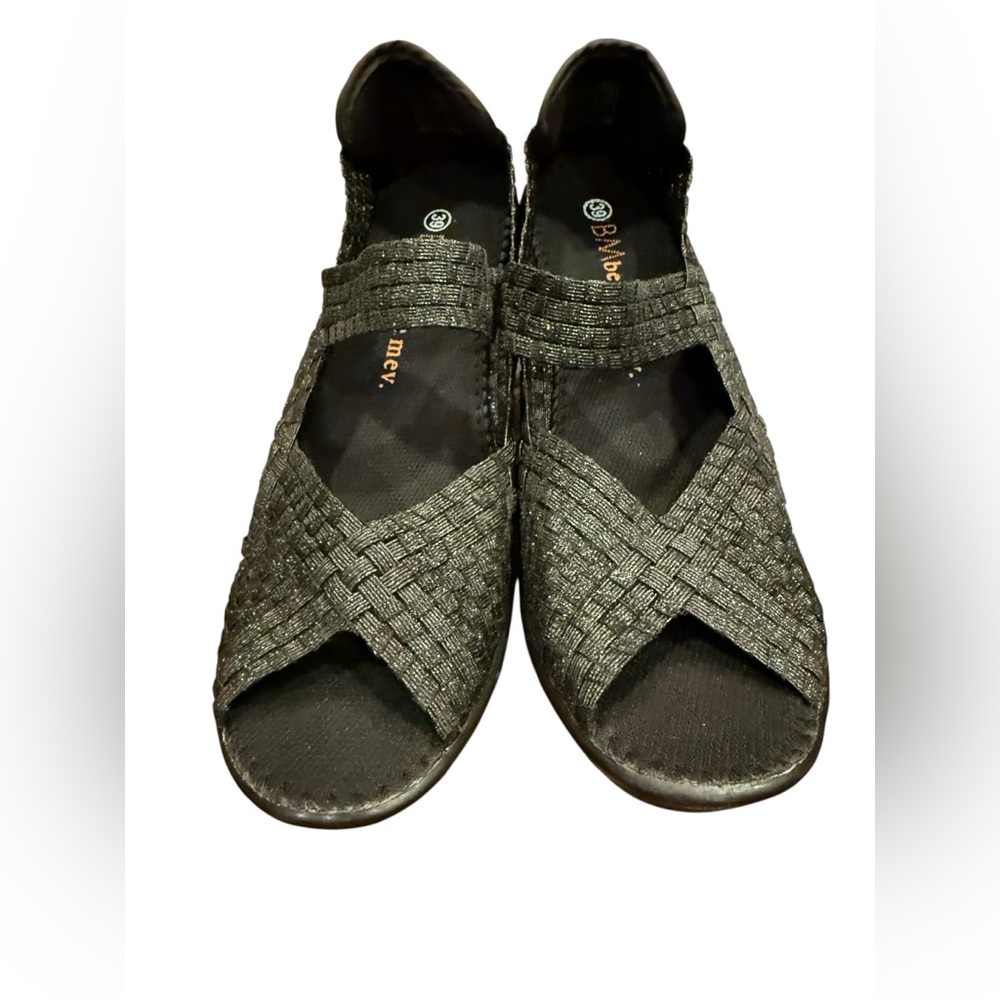 bernie mev. Women’s Black Woven Wedge Casual Sandals Sz 8